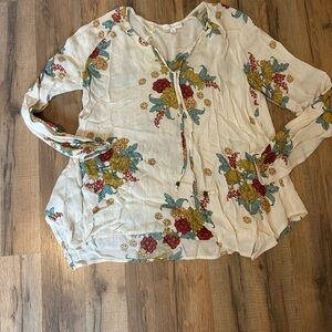 Cream Long Sleeve Blouse with Tie Front and Relaxed Fit
